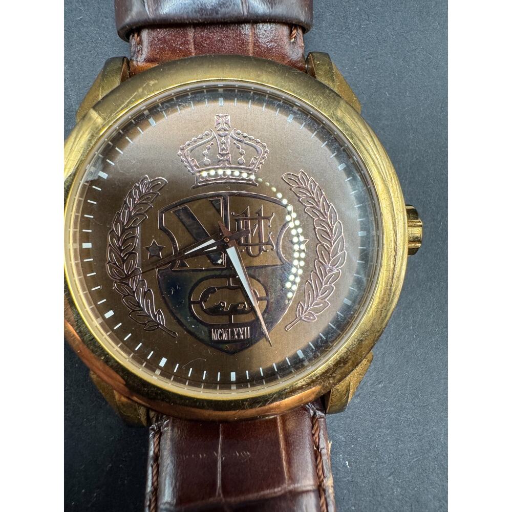 Marc Ecko Men’s Gold-Tone Wristwatch w/ Crest Dial & Leather Strap E95040G1